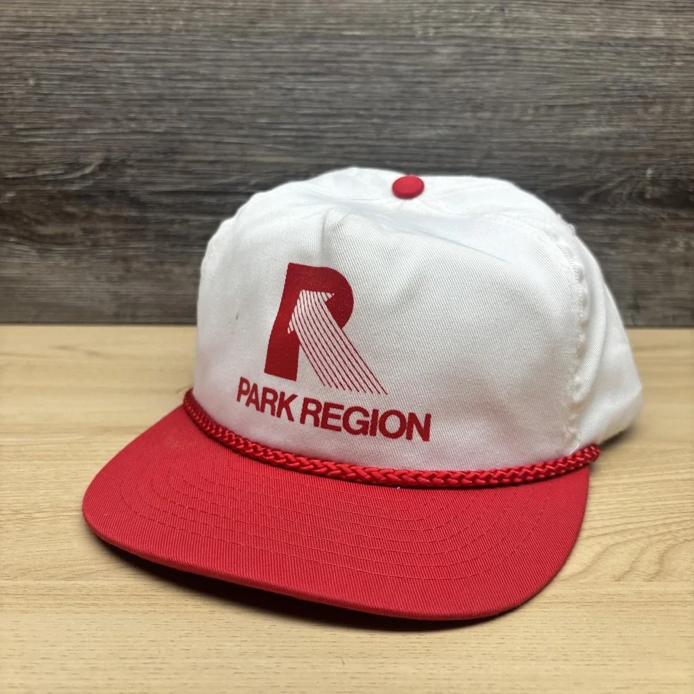 Park Region Hat Cap Snap Back Red White Rope Cord Advertising Mens Otto‎ Cap